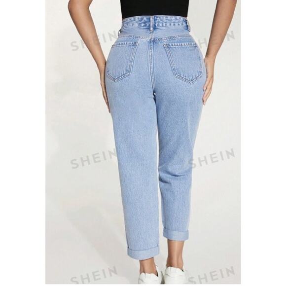 PETITE High Waist Ripped Roll Up Hem Straight Leg Jeans - Picture 2 of 6